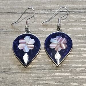 Vintage Alpaca Silver Teardrop Earrings with Mother of Pearl Flowers